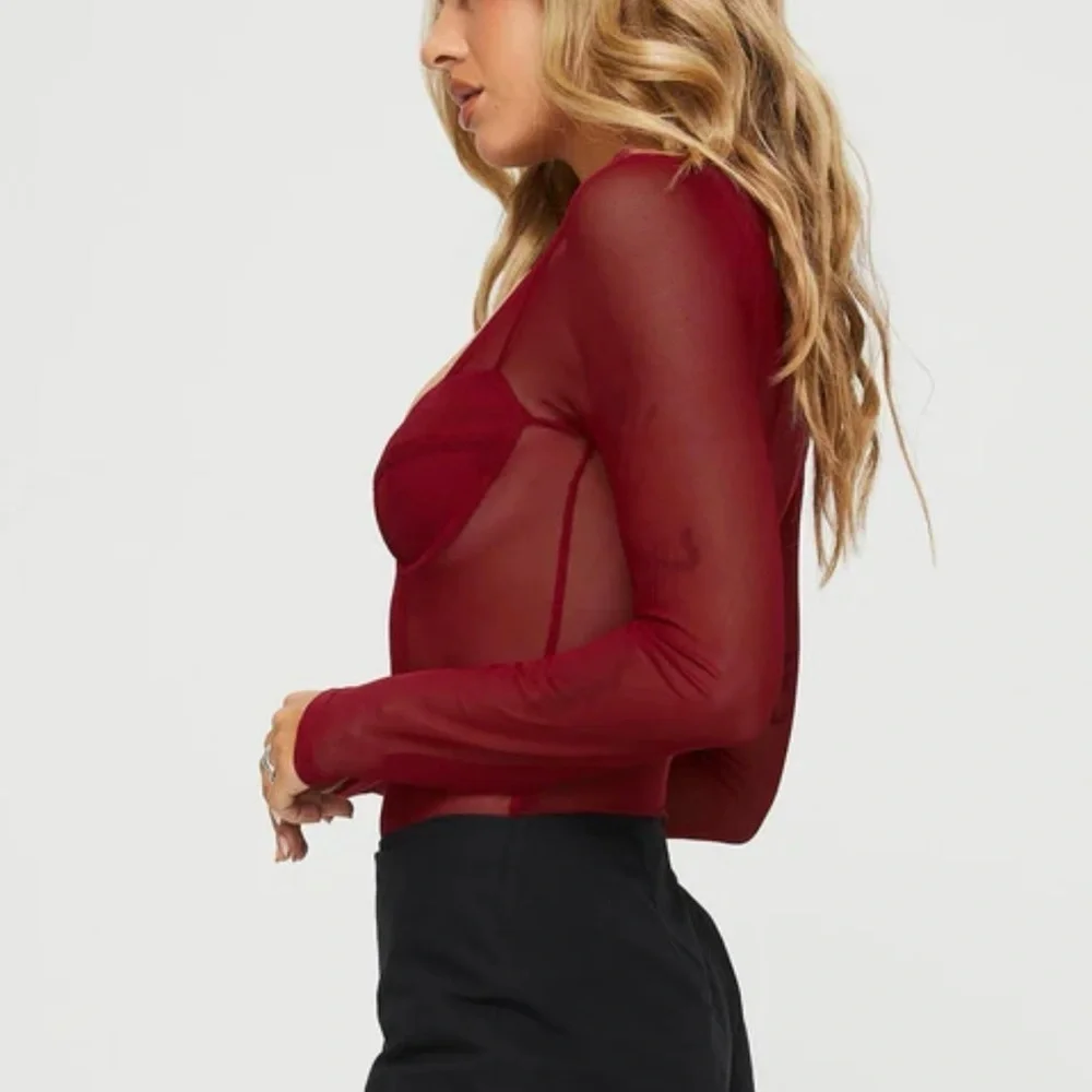 Princess Polly Leonie Mesh Bodysuit Burgundy Sz US 10Sheer Underwire Long Sleeve - Picture 3 of 13
